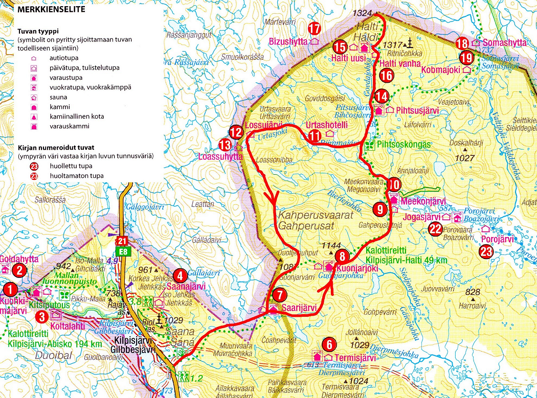 ski hike backcountry skiing map Halti open wilderness hut Hiihtovaellus Haltille - reitti